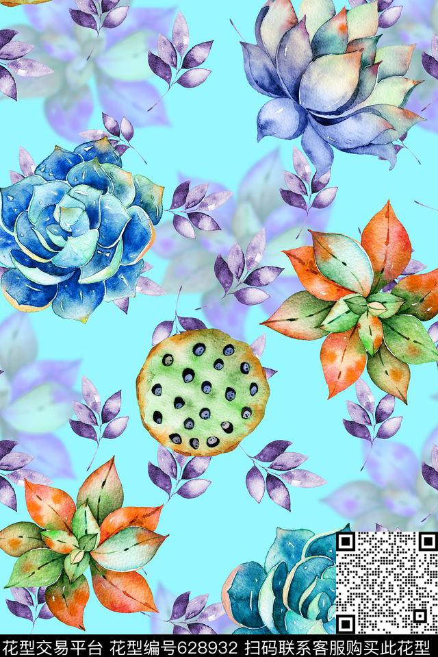 多肉时尚花卉植物四方连续数码印花华亿平台下载（图片编号: 628932） - 瓦栏（Walan）