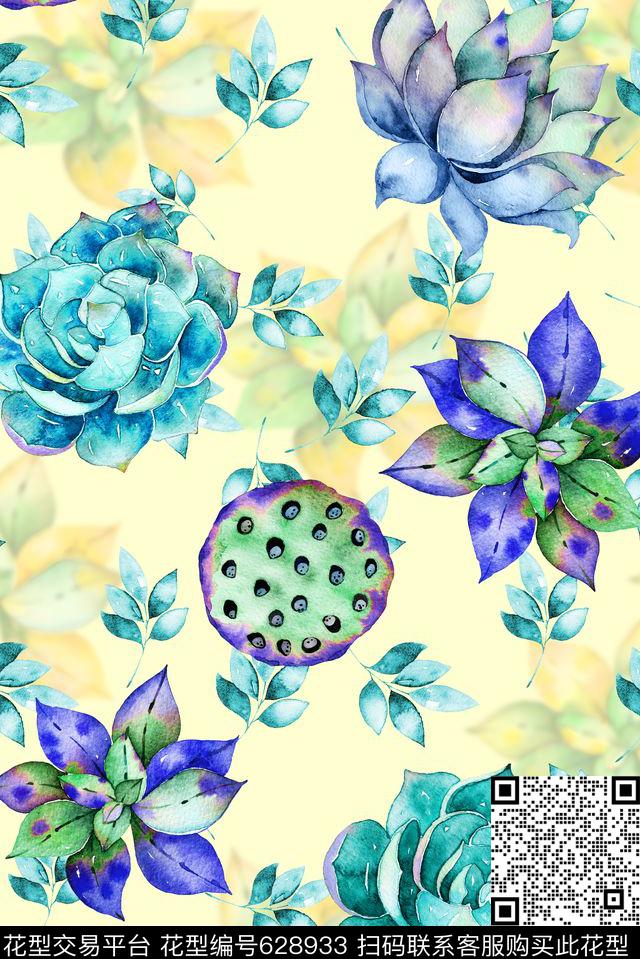 多肉时尚花卉植物四方连续数码印花华亿平台下载（图片编号: 628933） - 瓦栏（Walan）