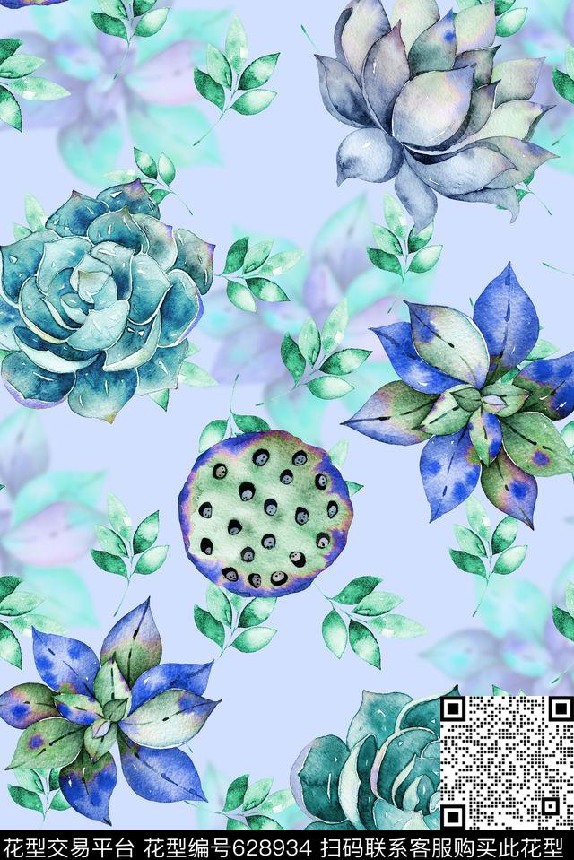 多肉时尚花卉植物四方连续数码印花华亿平台下载（图片编号: 628934） - 瓦栏（Walan）