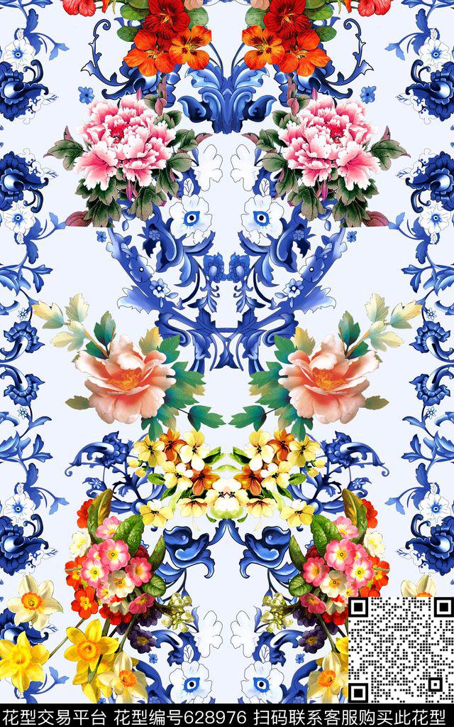 中国风青花瓷花卉数码印花华亿平台下载（图片编号: 628976） - 瓦栏（Walan）