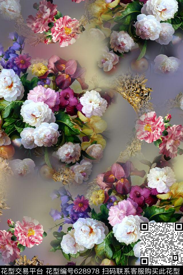 时尚手绘花卉数码印花华亿平台下载（图片编号: 628978） - 瓦栏（Walan）