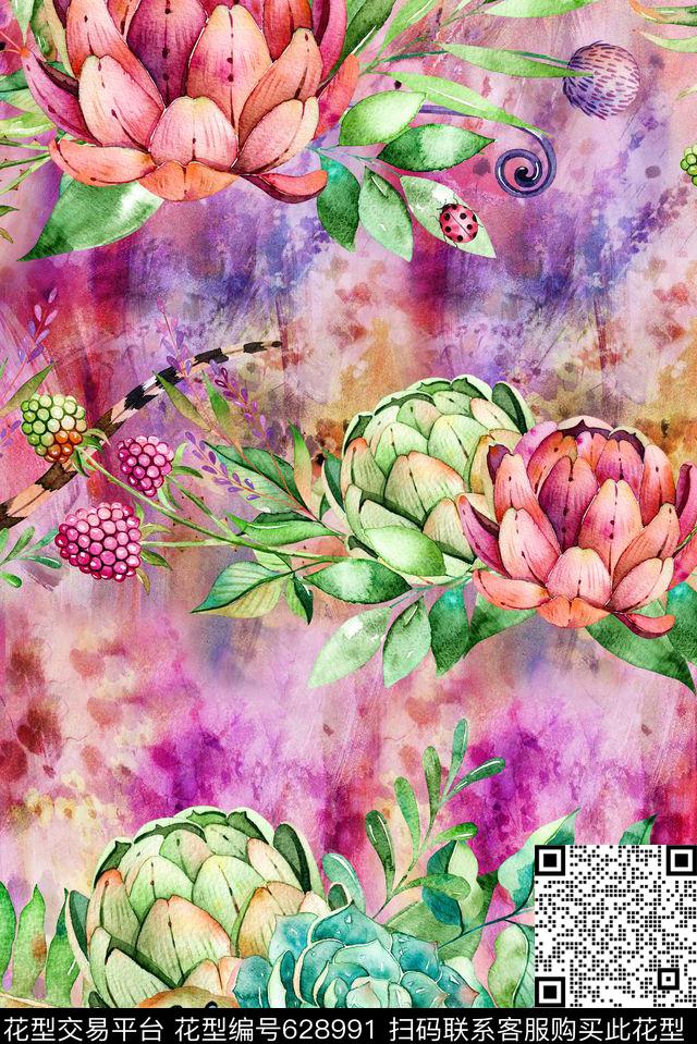 多肉时尚花卉植物四方连续数码印花华亿平台下载（图片编号: 628991） - 瓦栏（Walan）