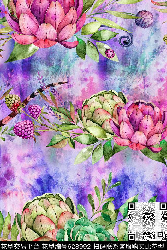 多肉时尚花卉植物四方连续数码印花华亿平台下载（图片编号: 628992） - 瓦栏（Walan）