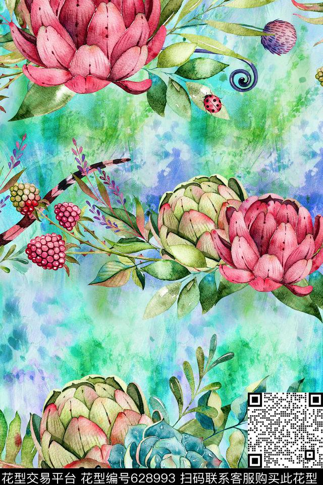 多肉时尚花卉植物四方连续数码印花华亿平台下载（图片编号: 628993） - 瓦栏（Walan）
