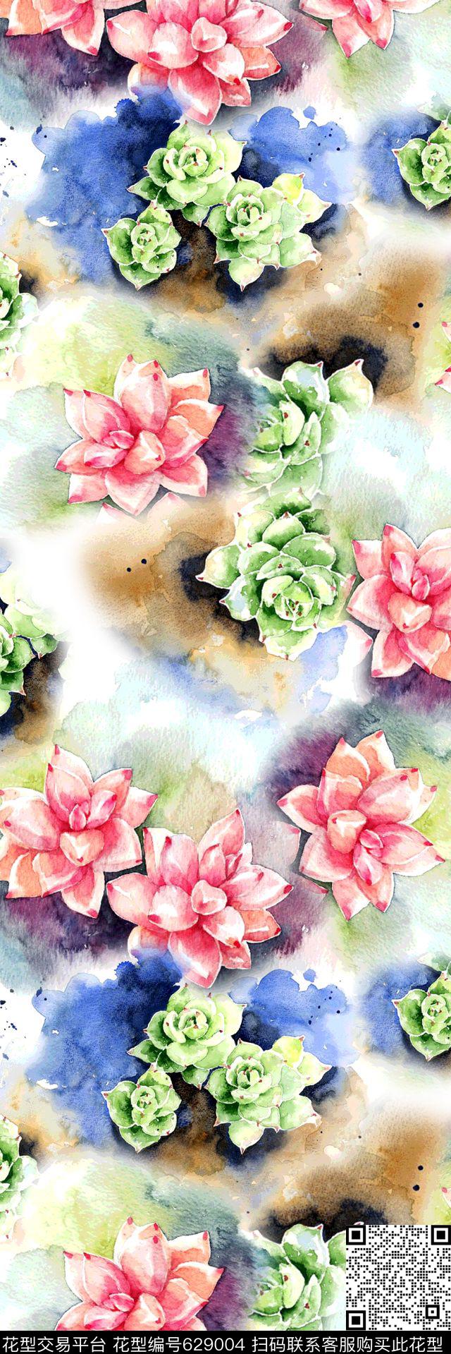 花卉水彩多肉植物丝巾长巾数码印花华亿平台下载（图片编号: 629004） - 瓦栏（Walan）