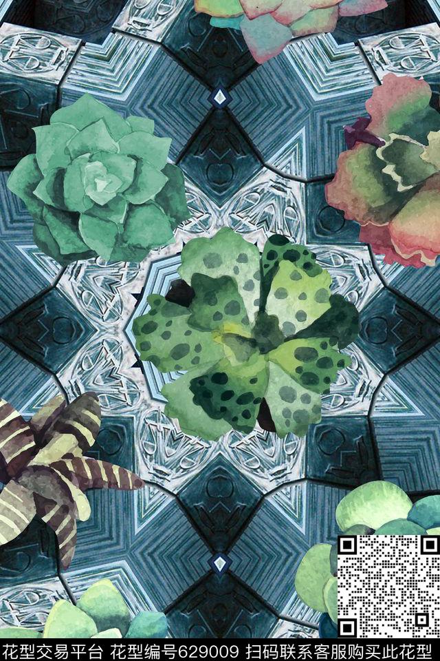 多肉时尚花卉植物四方连续数码印花华亿平台下载（图片编号: 629009） - 瓦栏（Walan）
