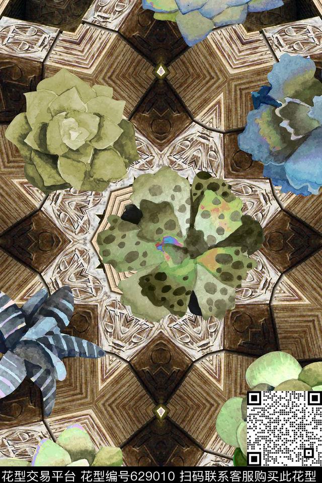 多肉时尚花卉植物四方连续数码印花华亿平台下载（图片编号: 629010） - 瓦栏（Walan）