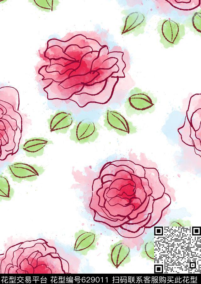 涂鸦水彩玫瑰数码印花华亿平台下载（图片编号: 629011） - 瓦栏（Walan）