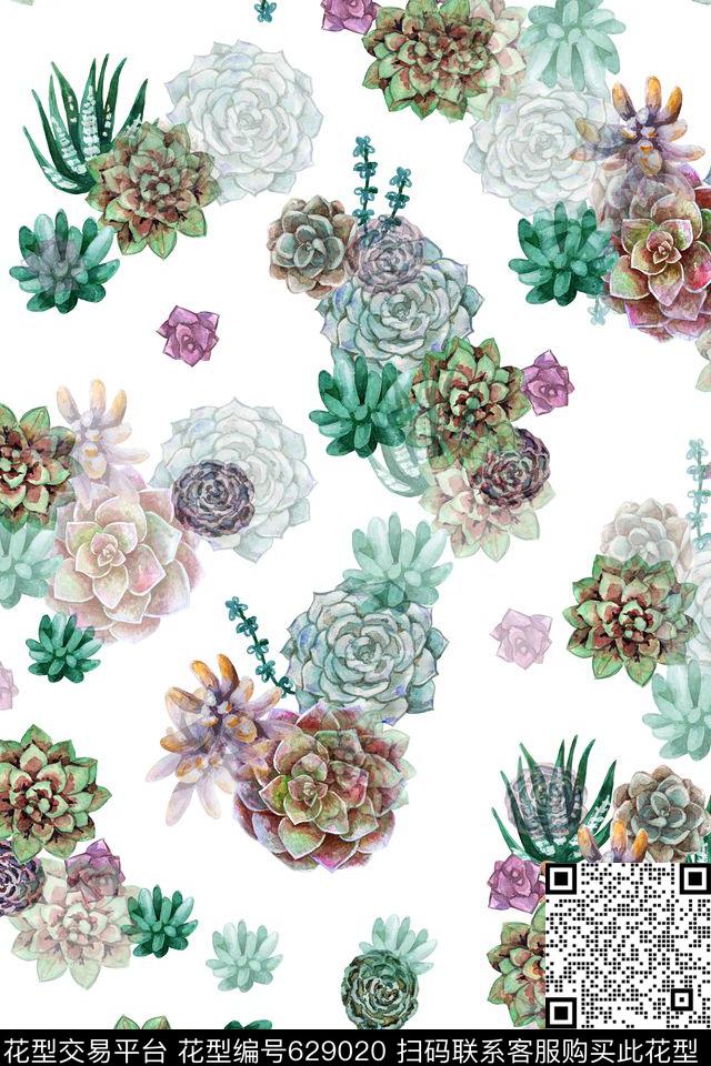 流行时尚水彩多肉数码印花华亿平台下载（图片编号: 629020） - 瓦栏（Walan）