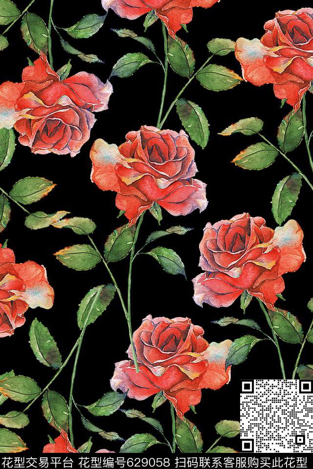 时尚潮流玫瑰花花卉数码印花时尚流行女装裙子印花艳丽柔和春夏印花数码印花华亿平台下载（图片编号: 629058） - 瓦栏（Walan）