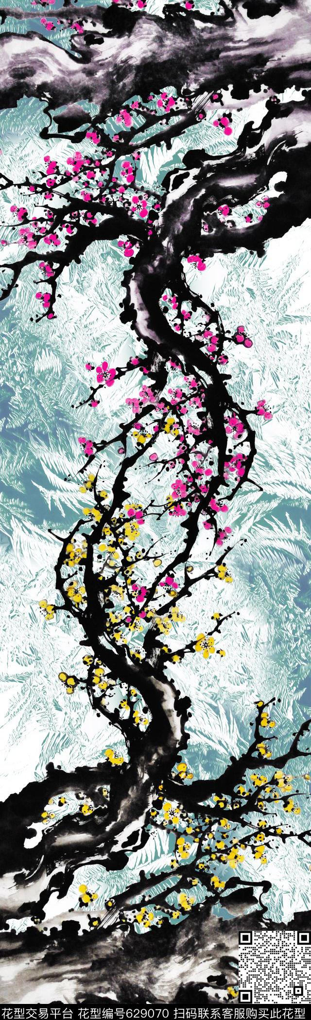 中国风梅花水墨数码印花华亿平台下载（图片编号: 629070） - 瓦栏（Walan）