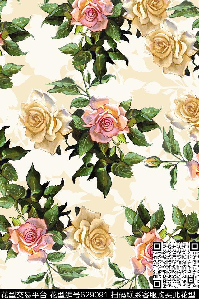 时尚潮流女装裙子油画花卉数码印花时尚服装玫瑰花印花艳丽清爽渐变印花数码印花华亿平台下载（图片编号: 629091） - 瓦栏（Walan）