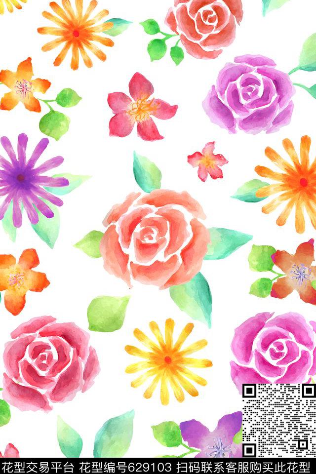 乱花花朵大花数码印花华亿平台下载（图片编号: 629103） - 瓦栏（Walan）