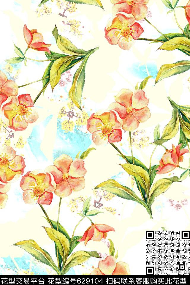 时尚潮流女装裙子手绘花卉数码印花时尚流行彩绘渐变几何春夏清爽柔和系列印花数码印花华亿平台下载（图片编号: 629104） - 瓦栏（Walan）