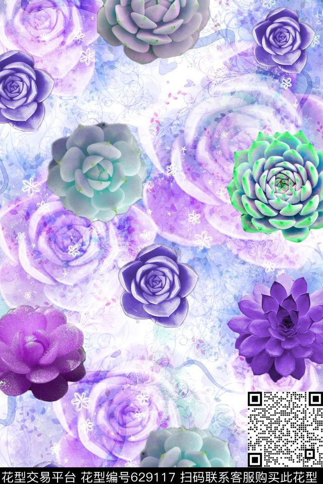 多肉花卉花朵循环回位数码印花华亿平台下载（图片编号: 629117） - 瓦栏（Walan）