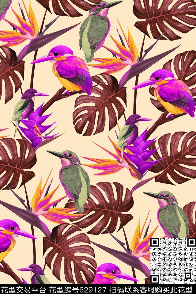 天堂鸟花热带大叶子数码印花华亿平台下载（图片编号: 629127） - 瓦栏（Walan）