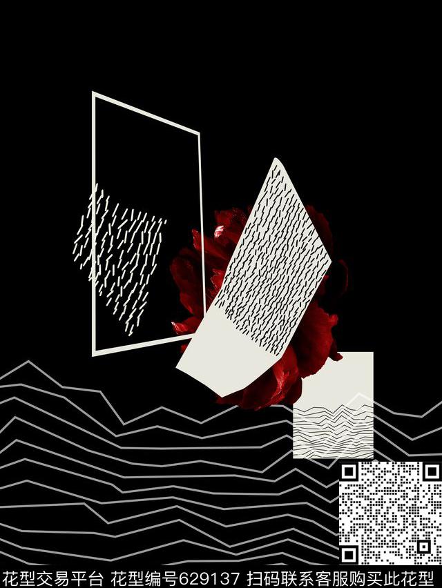 原创几何抽象男装定位花高端海浪几何线条牡丹花数码印花华亿平台下载（图片编号: 629137） - 瓦栏（Walan）