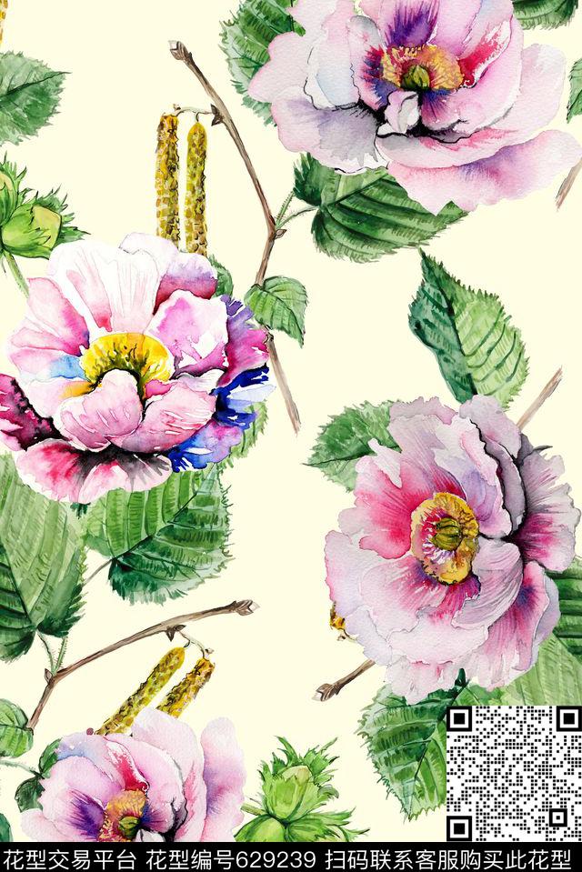 花朵花卉绿叶数码印花华亿平台下载（图片编号: 629239） - 瓦栏（Walan）