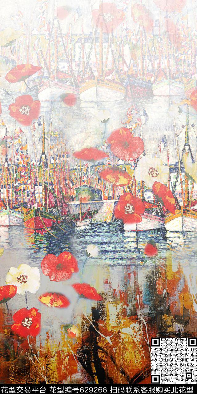 油画花卉建筑朦胧数码印花华亿平台下载（图片编号: 629266） - 瓦栏（Walan）
