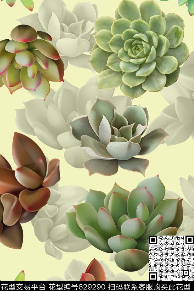 水彩多肉植物数码印花华亿平台下载（图片编号: 629290） - 瓦栏（Walan）