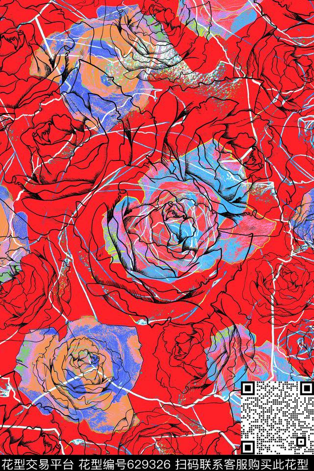时尚乱花花朵数码印花华亿平台下载（图片编号: 629326） - 瓦栏（Walan）
