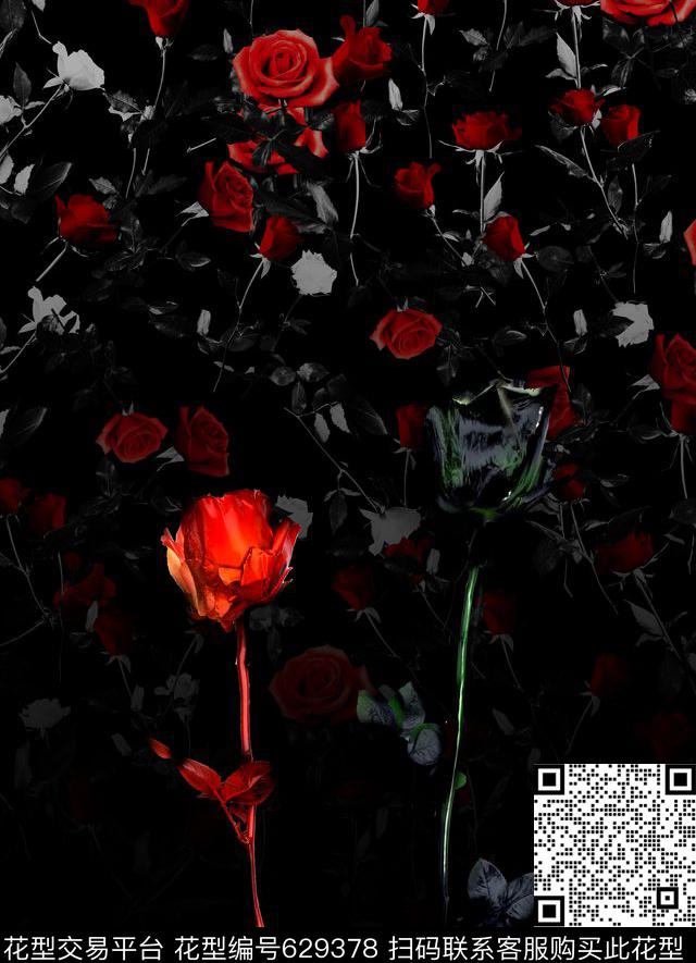 定位独朵大玫瑰数码印花华亿平台下载（图片编号: 629378） - 瓦栏（Walan）