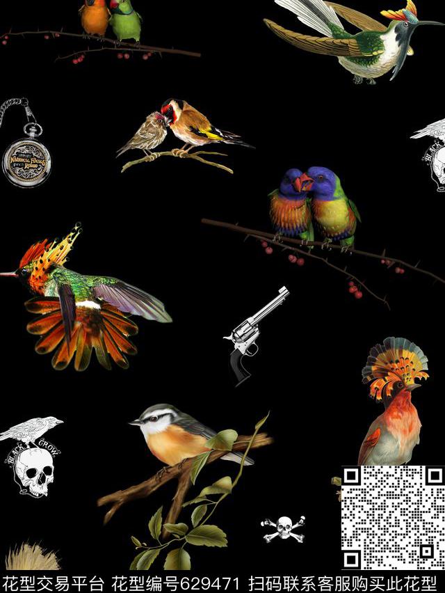 动物小鸟手枪数码印花华亿平台下载（图片编号: 629471） - 瓦栏（Walan）