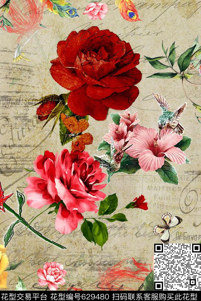 玫瑰花卉水墨花卉数码印花华亿平台下载（图片编号: 629480） - 瓦栏（Walan）