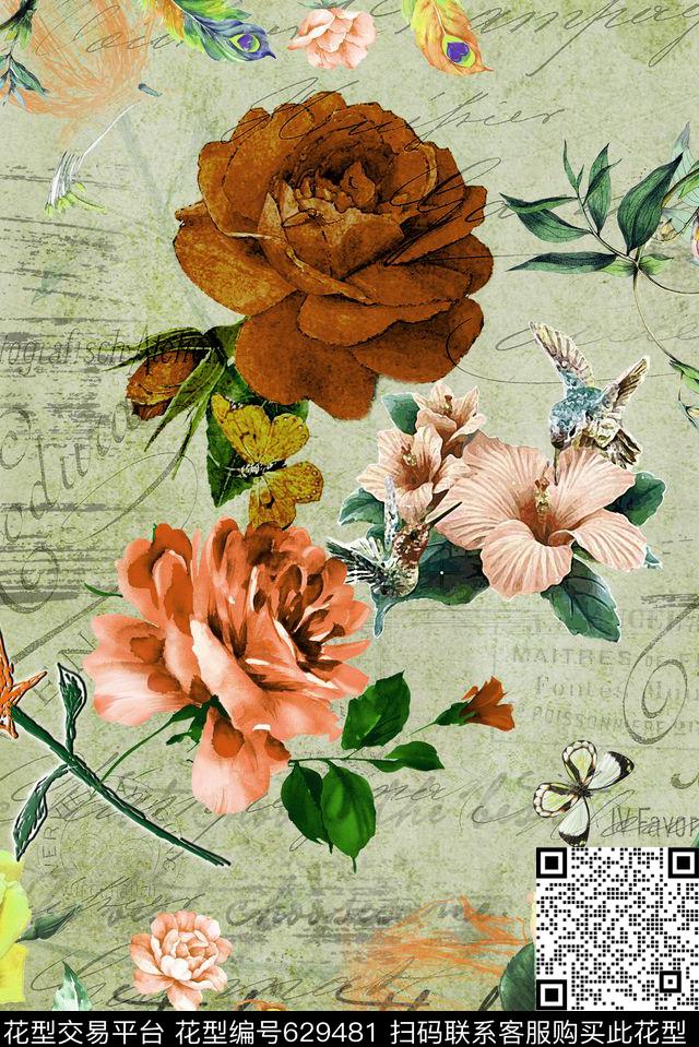 玫瑰花卉水墨花卉数码印花华亿平台下载（图片编号: 629481） - 瓦栏（Walan）