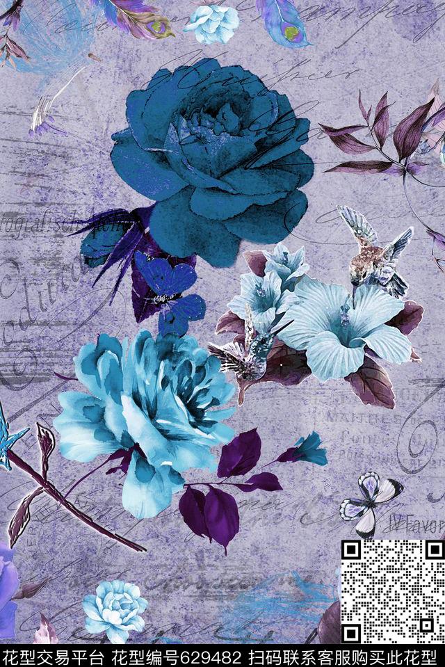 玫瑰花卉水墨花卉数码印花华亿平台下载（图片编号: 629482） - 瓦栏（Walan）