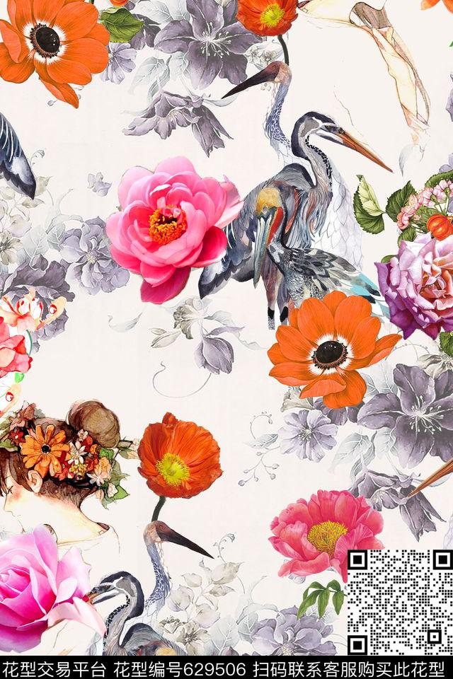 花卉水彩动物数码印花华亿平台下载（图片编号: 629506） - 瓦栏（Walan）