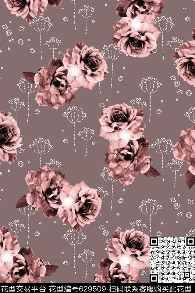 花卉水彩线描数码印花华亿平台下载（图片编号: 629509） - 瓦栏（Walan）