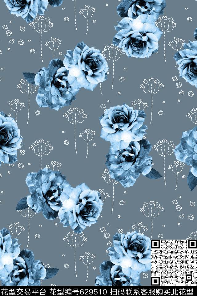 花卉水彩线描数码印花华亿平台下载（图片编号: 629510） - 瓦栏（Walan）