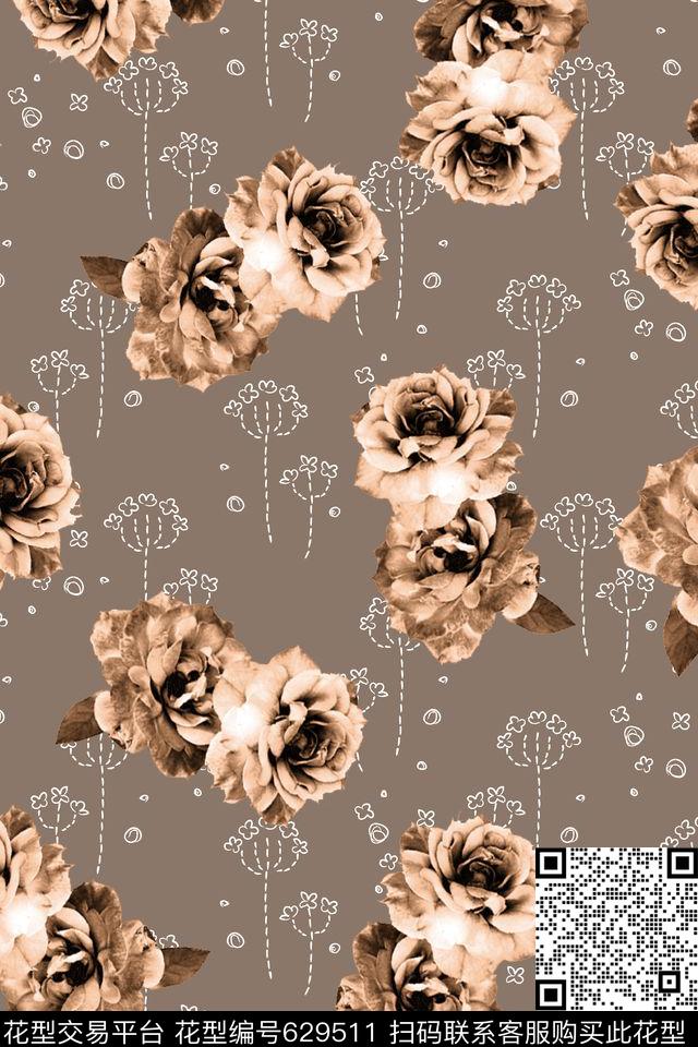 花卉水彩线描数码印花华亿平台下载（图片编号: 629511） - 瓦栏（Walan）