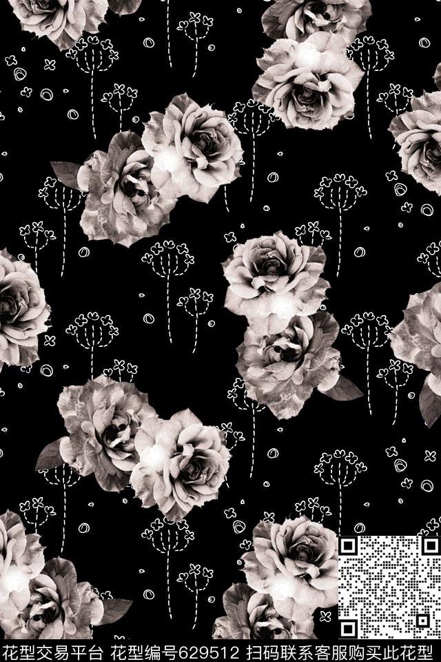 花卉水彩线描数码印花华亿平台下载（图片编号: 629512） - 瓦栏（Walan）