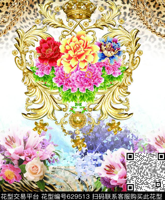 复古豹纹牡丹花中国风欧洲金属纹数码印花华亿平台下载（图片编号: 629513） - 瓦栏（Walan）