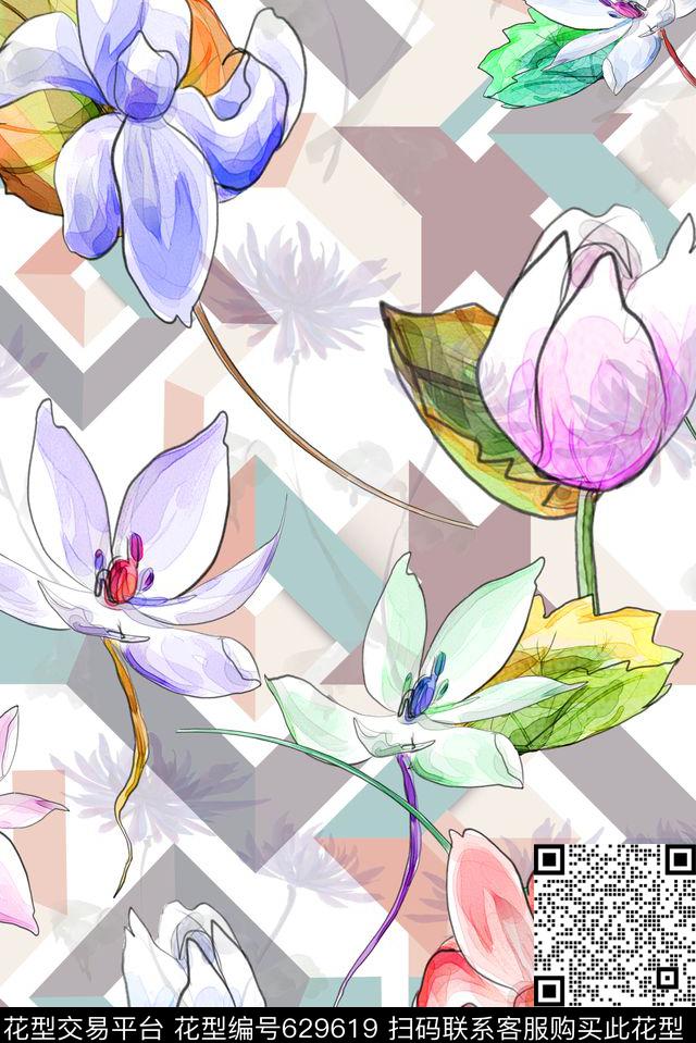 荷花几何花卉数码印花华亿平台下载（图片编号: 629619） - 瓦栏（Walan）