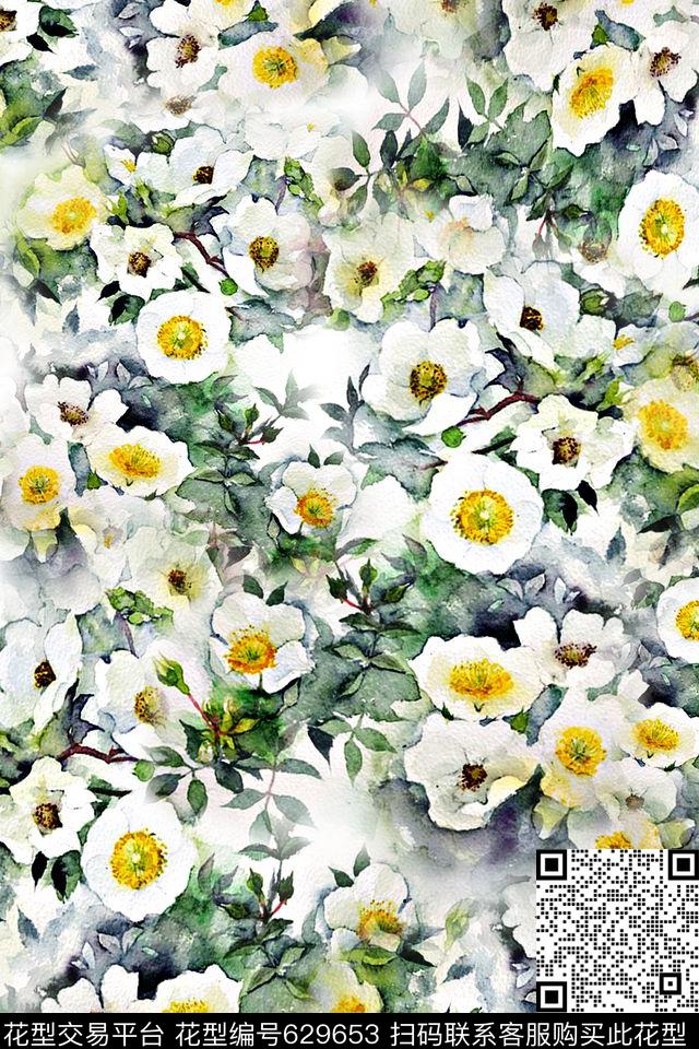 手绘水彩花卉数码印花华亿平台下载（图片编号: 629653） - 瓦栏（Walan）