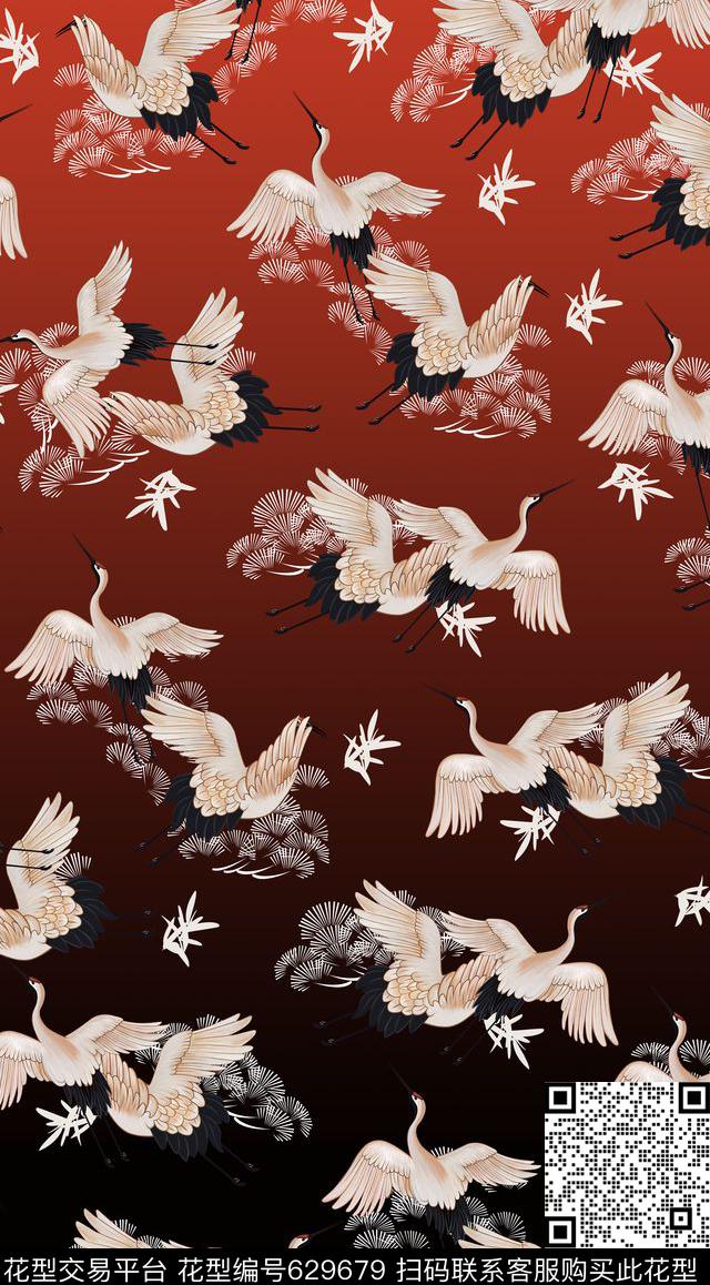 手绘飞鹤鹤数码印花华亿平台下载（图片编号: 629679） - 瓦栏（Walan）