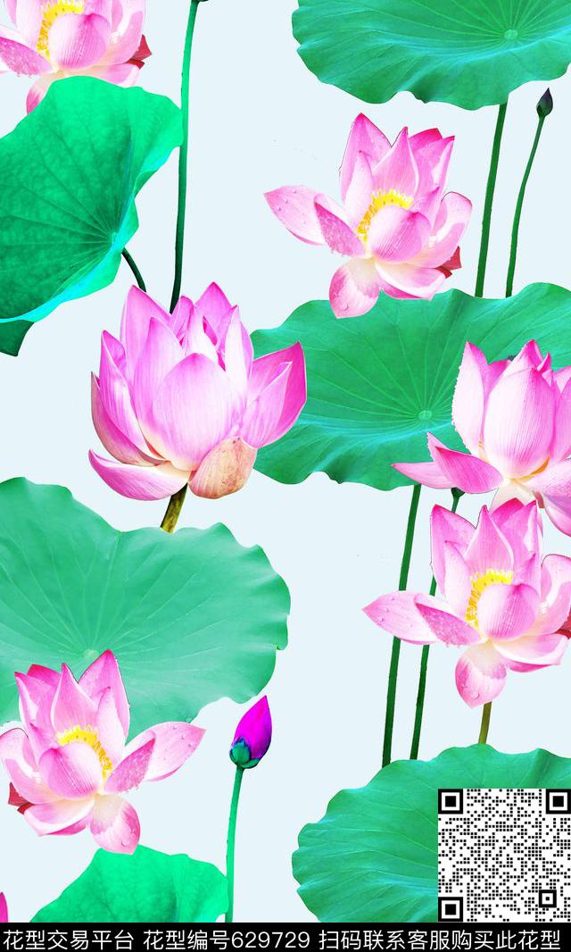 荷花荷叶写实数码印花华亿平台下载（图片编号: 629729） - 瓦栏（Walan）