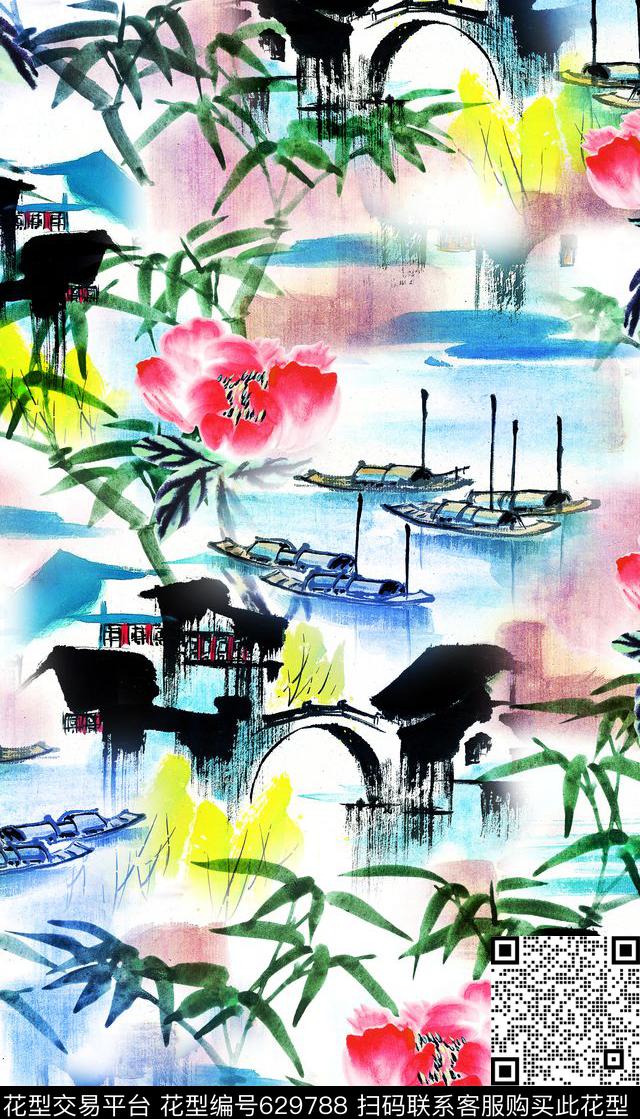 中国风建筑、水墨花卉、小桥流水数码印花华亿平台下载（图片编号: 629788） - 瓦栏（Walan）
