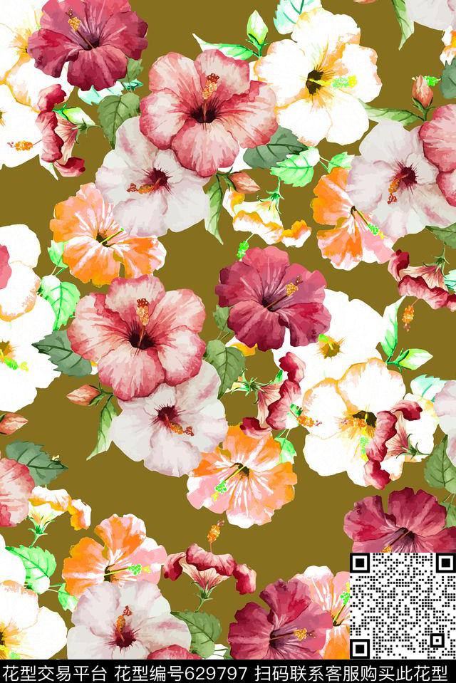 时尚抽象手绘喇叭花花卉数码印花时尚潮流女装裙子丝巾印花流行设计欧美风格印花数码印花华亿平台下载（图片编号: 629797） - 瓦栏（Walan）