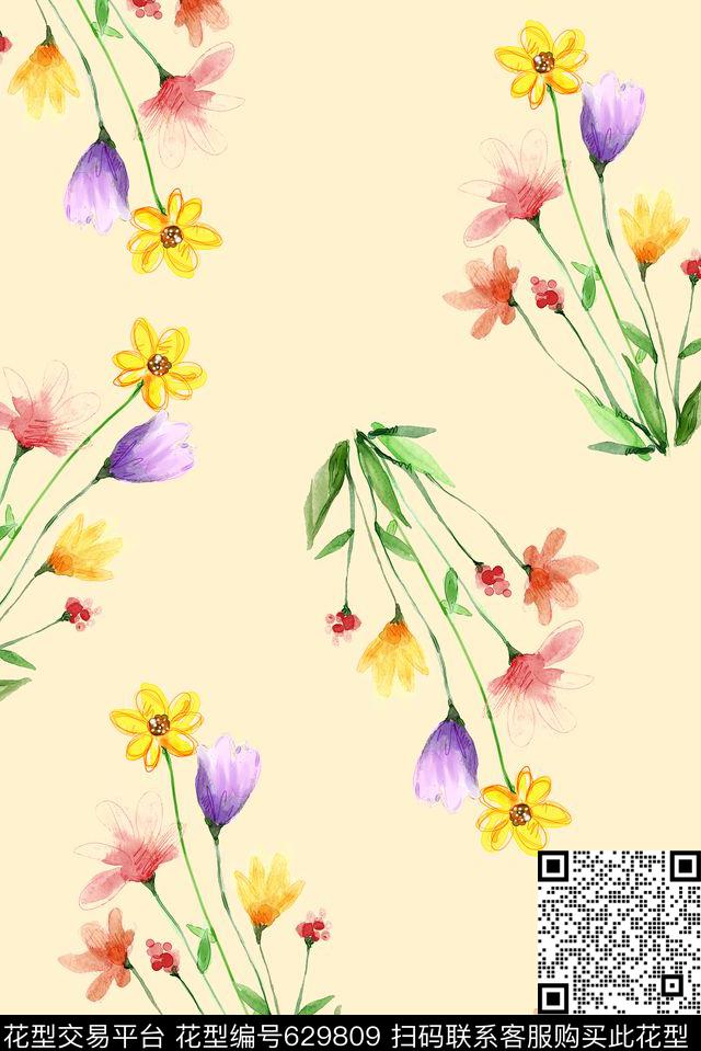 零散手绘花簇数码印花华亿平台下载（图片编号: 629809） - 瓦栏（Walan）
