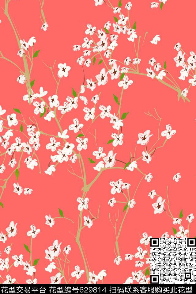 粉色浪漫桃枝传统印花华亿平台下载（图片编号: 629814） - 瓦栏（Walan）