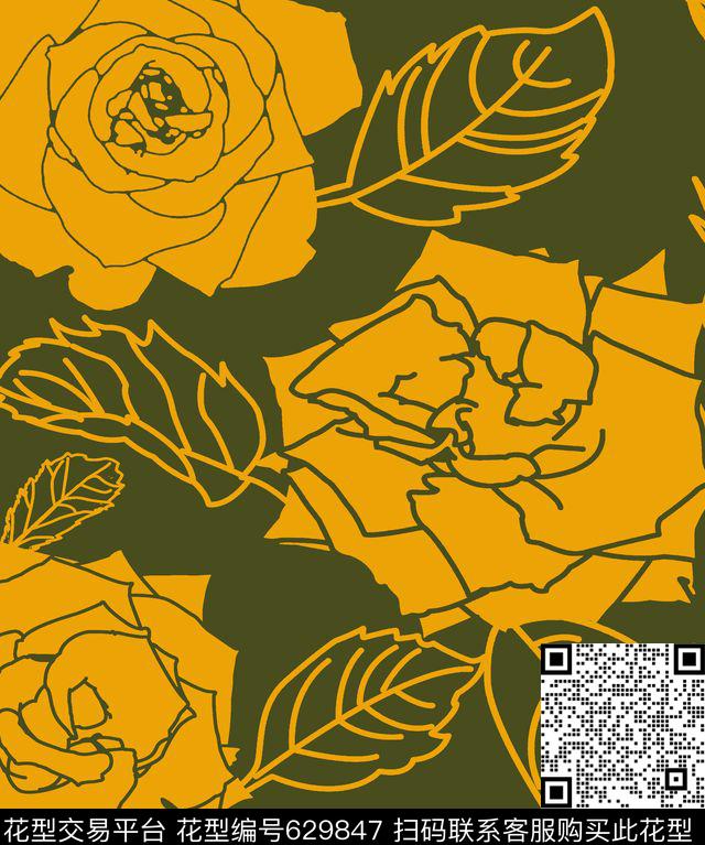 花卉玫瑰花朵数码印花华亿平台下载（图片编号: 629847） - 瓦栏（Walan）