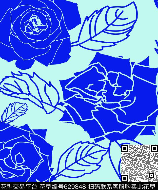 花卉玫瑰花朵数码印花华亿平台下载（图片编号: 629848） - 瓦栏（Walan）