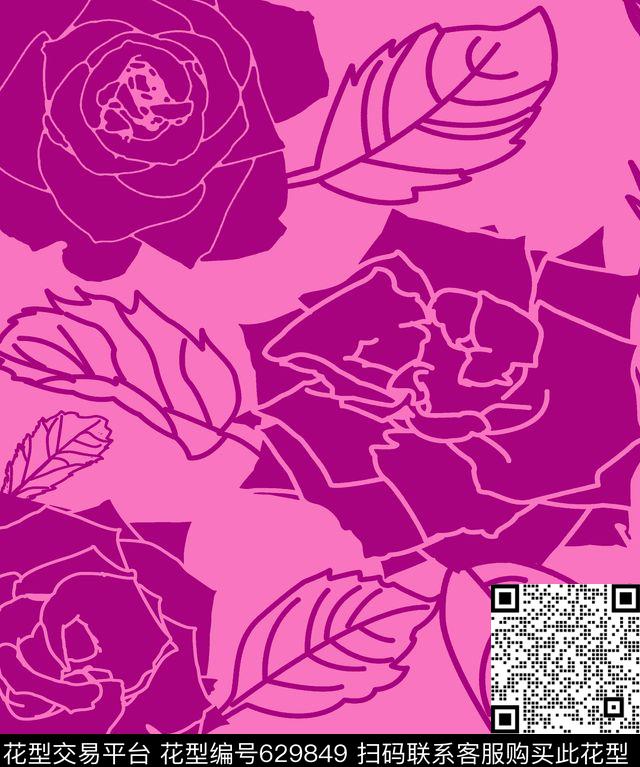 花卉玫瑰花朵数码印花华亿平台下载（图片编号: 629849） - 瓦栏（Walan）