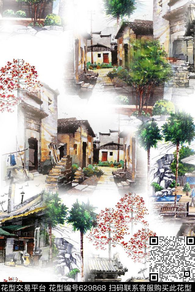 水彩风景建筑树数码印花华亿平台下载（图片编号: 629868） - 瓦栏（Walan）