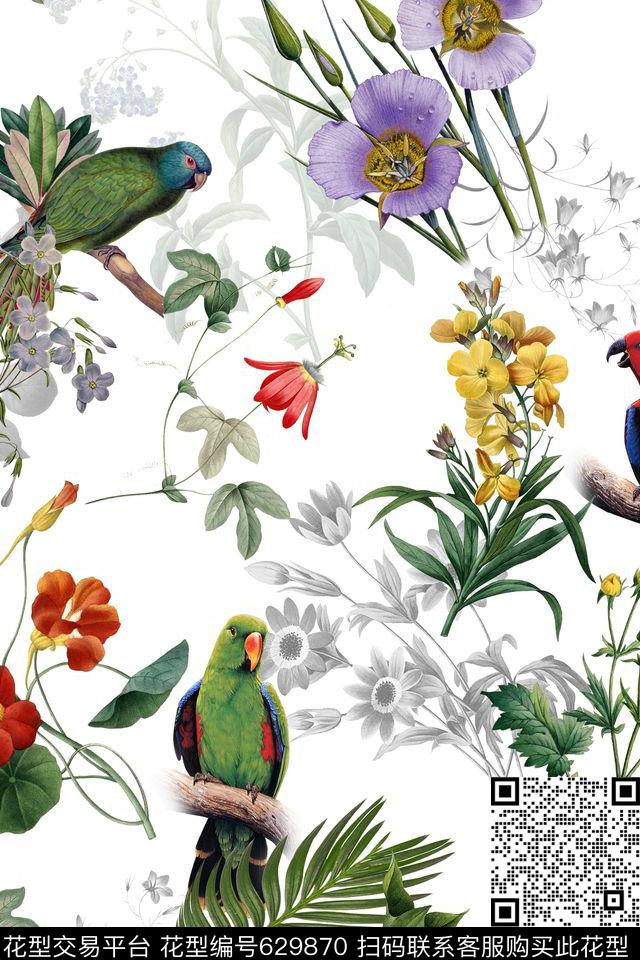 热带花卉鹦鹉黑白小花数码印花华亿平台下载（图片编号: 629870） - 瓦栏（Walan）