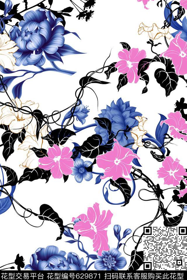 传统印花组合花连衣裙传统印花华亿平台下载（图片编号: 629871） - 瓦栏（Walan）